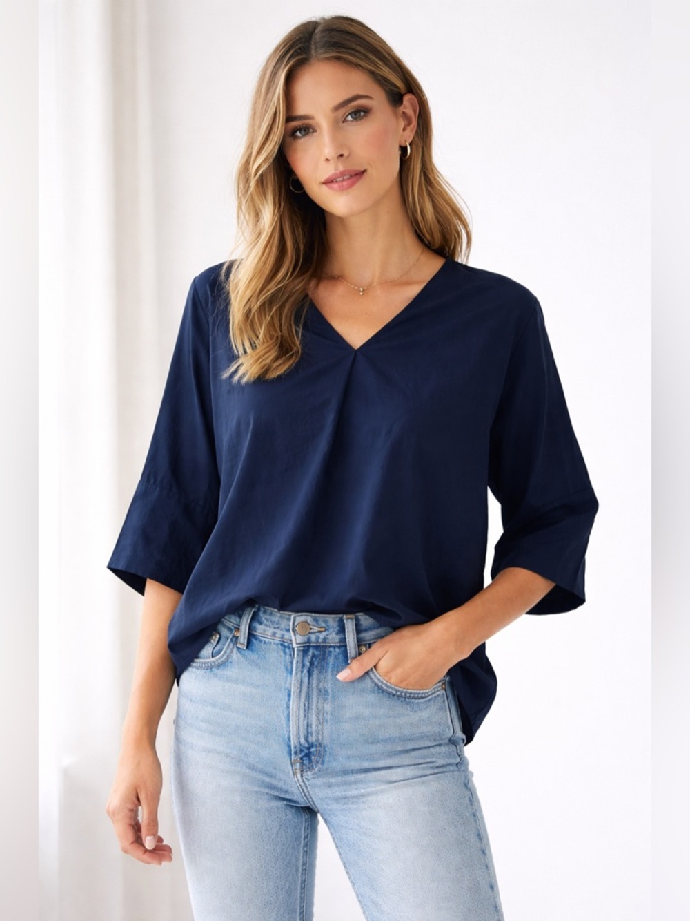 Joh Navy Boxy Blouse V-Neck Pleated Front Oversized Top Small